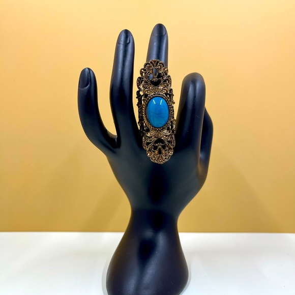 Jewelry - Vintage Y2K Brass and Turquoise Long Statement Ring Size 7
